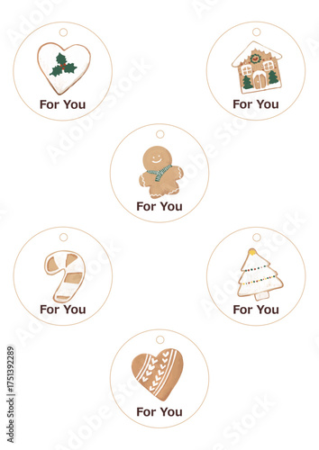 Christmas Round Gift Tag Set with ‘For You’ Text (6 Designs, Transparent Background, Icing Cookie Style)