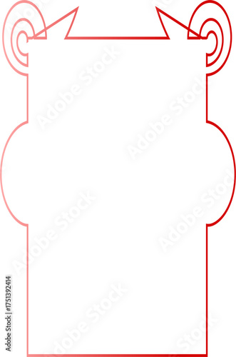 A stylized red outline of a decorative frame with ornate scrollwork at the top.