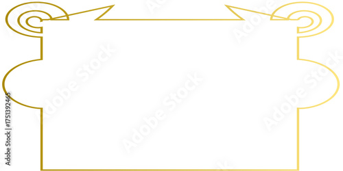 An elegant golden line art frame with ornate scrolls and curves on a white background.