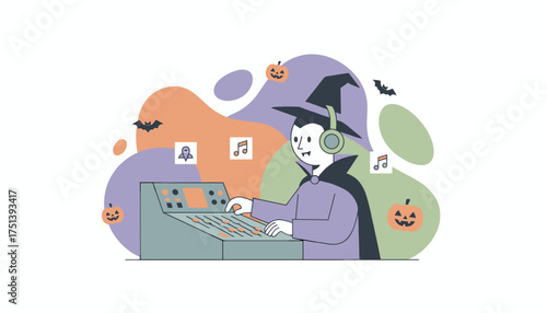 Vampire DJ in witch hat mixing music for a Halloween party with bats and pumpkins Festive fun