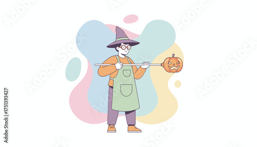 Person in witch costume and apron holds a Halloween pumpkin festive and fun illustration