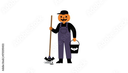 Pumpkinheaded character in overalls holding a bat broom and bucket ready for Halloween