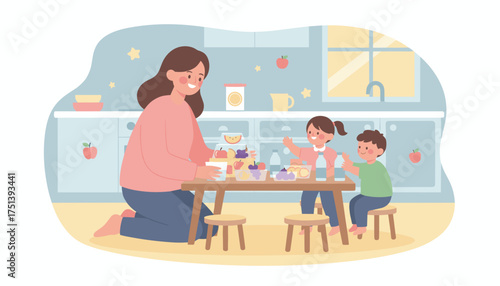 Happy family Mother and kids enjoying healthy snacks together in a bright kitchen