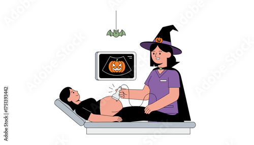 A pregnant woman gets a Halloween ultrasound from a witchcostumed doctor showing a pumpkin