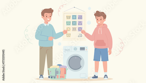 Father teaching son laundry care symbols near washing machine domestic education concept