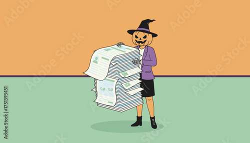 Pumpkinheaded professional in witch hat with skeleton hands carries huge paperwork stack Halloween workload
