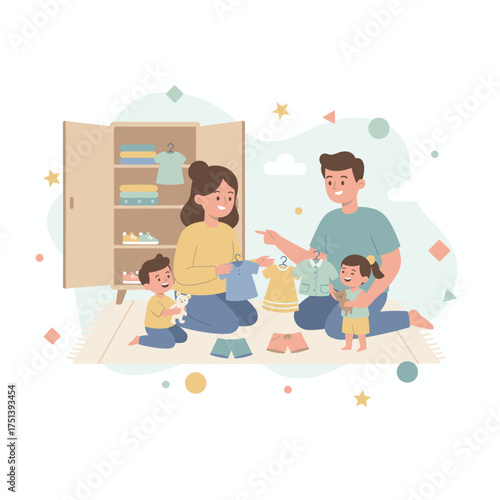 Happy family with two kids sorting clothes from a wardrobe at home Lifestyle and parenting