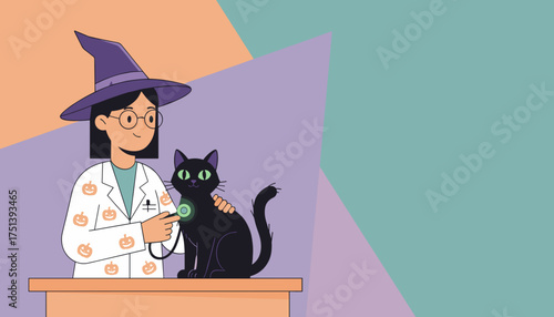 Witch veterinarian in pumpkin lab coat examines black cat with glowing stethoscope Halloween pet care