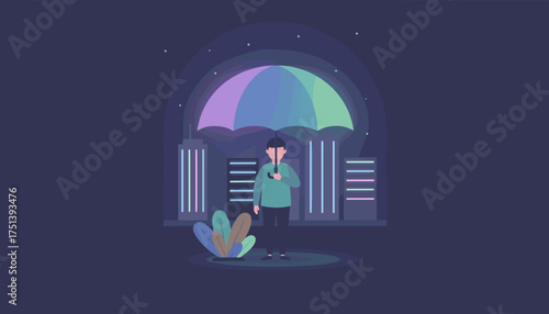 Man with a vibrant umbrella stands in a glowing city at night symbolizing protection and hope