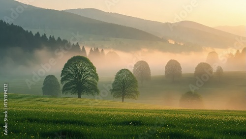Misty Morning Landscape with Rolling Hills and Trees.