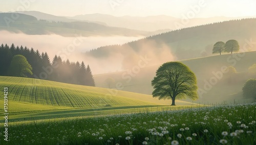 Misty Morning Landscape with Tree and Rolling Hills.