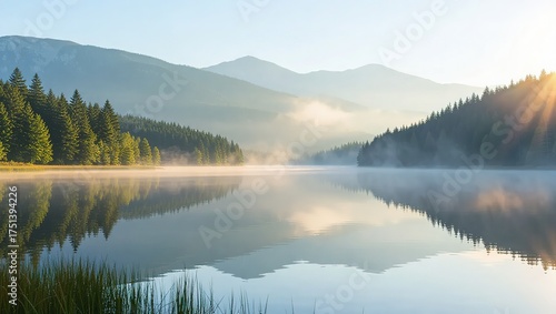 Misty Morning on a Serene Mountain Lake with Sun Rays.