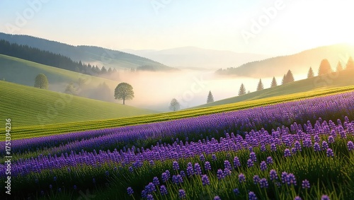 Misty Morning over Lavender Fields in a Serene Valley Landscape.