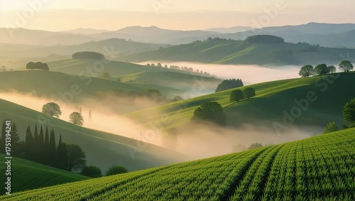 Misty Morning Over Rolling Green Hills in Tuscany.
