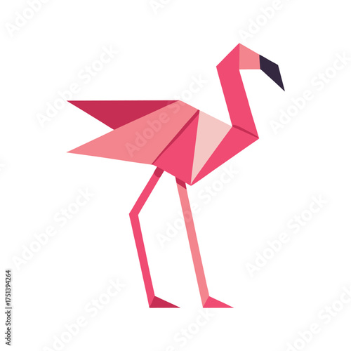 Geometric pink origami flamingo bird standing gracefully, folded paper art