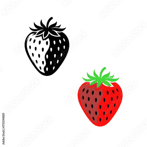 Illustration of a strawberry isolated on white background, featuring a minimalist design with a black and white version 