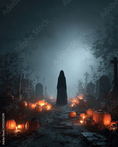 Scary ghost or witch with pumpkins in cemetery, Halloween concept