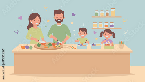 Happy family preparing healthy food together in the kitchen promoting wellness and togetherness
