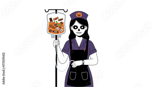 Spooky nurse with skeleton makeup holds an IV bag full of Halloween candy Fun holiday concept
