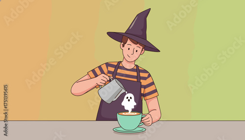 Barista witch creates spooky ghost latte art perfect for Halloween cafes and seasonal drinks