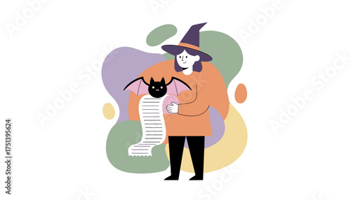 Cartoon witch holding a cute bat and a long checklist against a pastel abstract background for Halloween