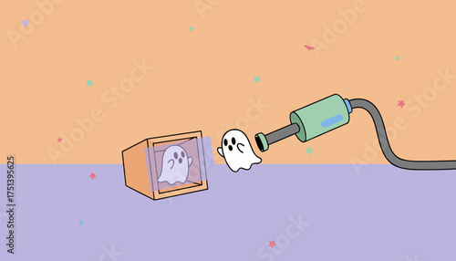 Cute cartoon ghosts one being extracted by a device another trapped in a clear box