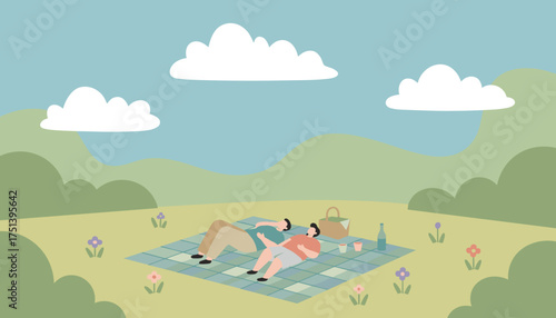 Couple relaxing on a picnic blanket in a peaceful park Summer leisure outdoor activity