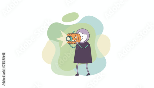 Happy character uses a pumpkin camera capturing festive moments Halloween fun creativity