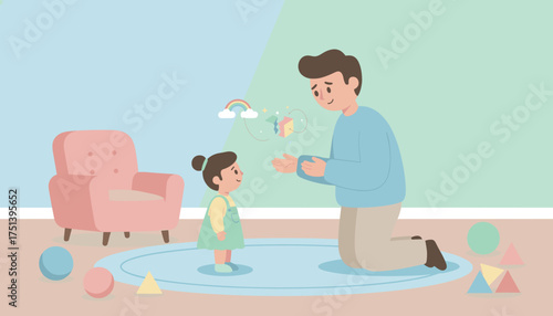 Father and daughter bonding learning and playing together in a joyful imaginative home setting