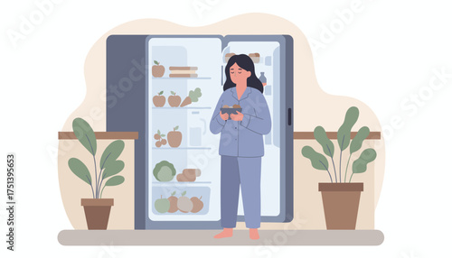 Woman in pajamas enjoys healthy snack from refrigerator Cozy home lifestyle