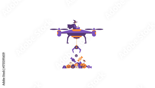 Witch using a drone with claw to collect Halloween treats Modern holiday fun concept