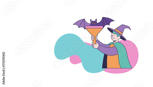 Smiling wizard holding a funnel with a bat whimsical illustration for Halloween or magic