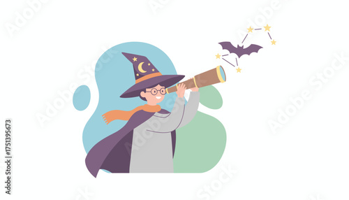 Happy wizard child explores night sky with telescope finding a bat constellation