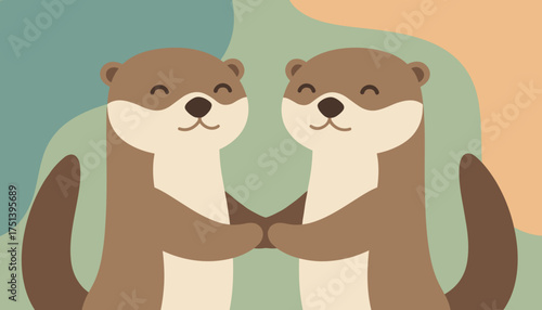 Two happy cartoon otters holding hands symbolizing friendship and partnership in a playful style