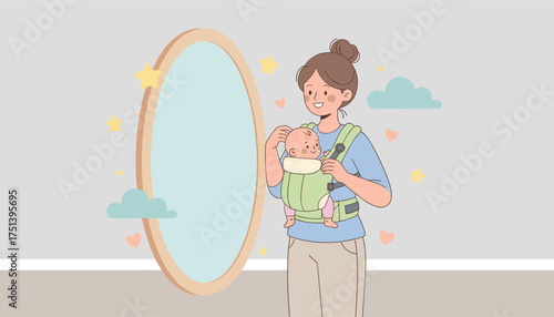 Loving mother with baby in carrier in front of mirror Family parenting care lifestyle