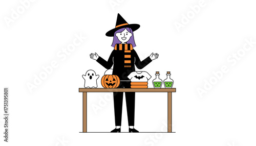 Smiling witch with spooky Halloween decor and potions ready for a festive celebration