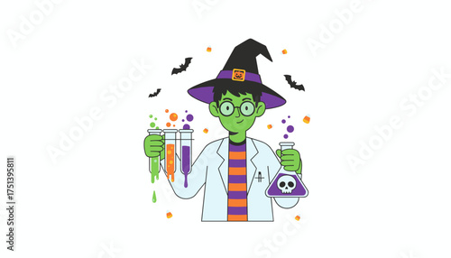 Fun Halloween scientist witch mixing potions with bubbling liquids bats and candy corn