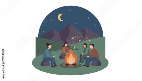 Friends camping at night by a campfire under a starry mountain sky Adventure and togetherness