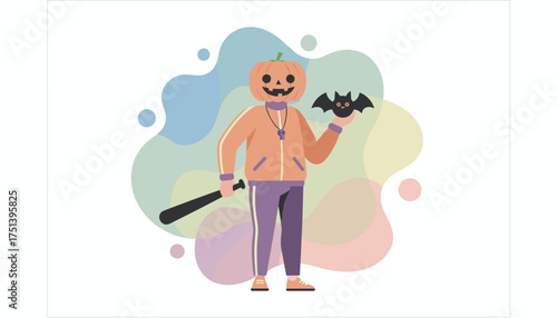 Pumpkinheaded character in tracksuit with bat and small bat for Halloween celebration