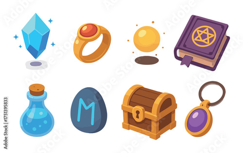 Magical items collection: crystal, ring, orb, spellbook, potion, rune, treasure, pendant