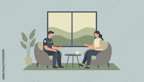 Police officer and woman conversing in a modern room depicting community support or consultation