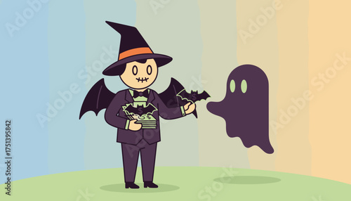Halloween character offers batthemed money to a ghost Seasonal finance spooky sales business concept