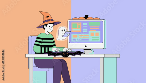 Festive man in witch hat works on computer with Halloween ghost and bat Ideal for seasonal content