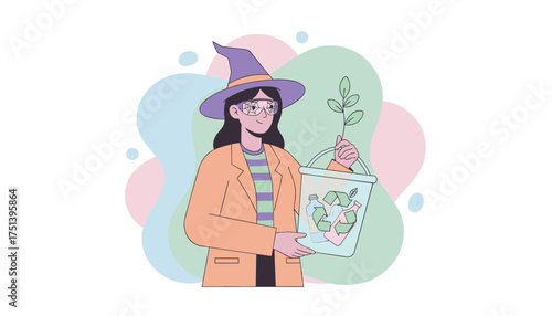 Creative character with a witch hat promotes recycling green growth and environmental care