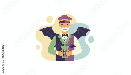 Batwinged host with skeleton face paint holding a corkscrew Perfect for Halloween  parties