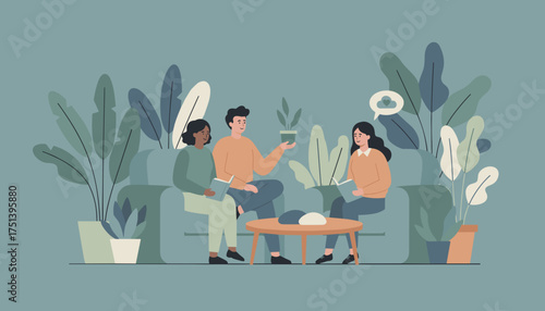 People relaxing in a plantfilled room reading and connecting Community comfort lifestyle