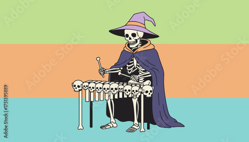 Whimsical skeleton in witch hat plays skull xylophone on a vibrant striped background ideal for Halloween themes