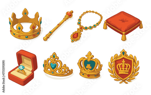 Royal regalia collection with crowns, scepter, necklace, cushion, and ring on display