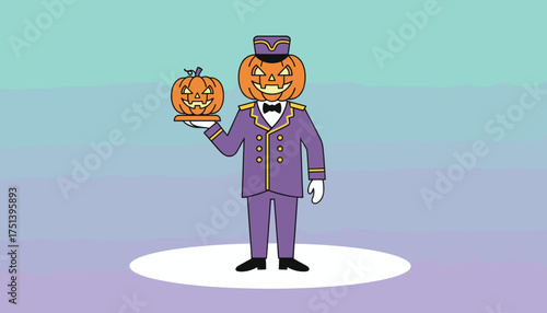 Friendly pumpkin bellhop serving Halloween treats perfect for holiday promotions or festive events