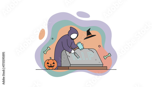 Spooky figure carves RIP on a tombstone with a jackolantern for Halloween